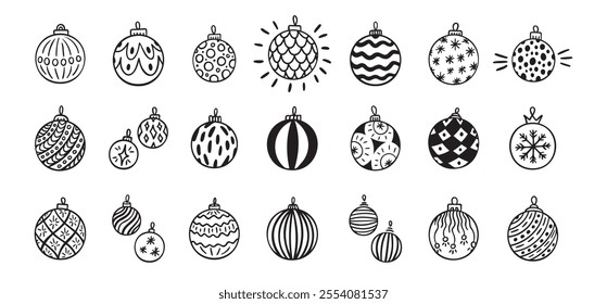 Hand drawn doodle Christmas ball set. Christmas balls isolated. Vector drawing icons, balls for Christmas tree. Vector illustration