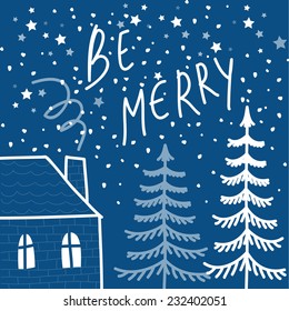 Hand drawn doodle Christmas card with best withes. Night snow, spruce and home vector illustration.