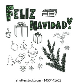 Hand drawn doodle Christmas design elements set. Greeting Feliz Navidad lettering text and traditional elements like gingerbread, snowflakes, holly leaves and fir tree branches.