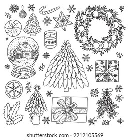 Hand drawn doodle Christmas elements set. Vector Christmas wreath and snowball, fir tree abd gift boxes.
