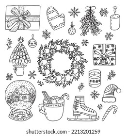 Hand drawn doodle Christmas elements set. Vector coloring page doodle Christmas obgects. Wreath, snowball, ice skate and gift box.