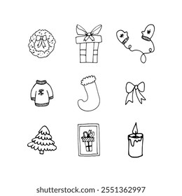 Hand drawn doodle Christmas festive elements. Outline holiday vector set.