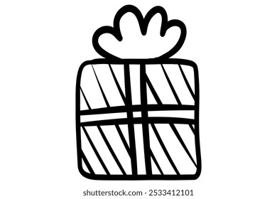 Hand drawn Doodle christmas gift box wrapped in paper and decorated with ribbons and bows. Outline packed festive present. Stock vector illustration isolated on white background.