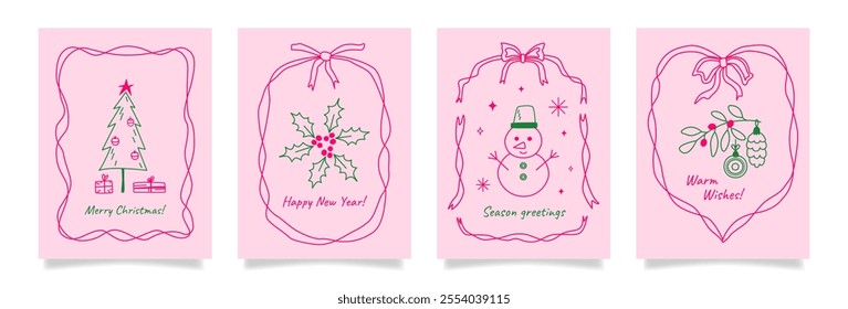 Hand drawn doodle Christmas greeting cards with typography. Retro vintage coquette frames with bows and ribbons. Line art whimsical drawings. Vector cover, background, banner, flyer template.