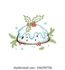 Hand Drawn Doodle Christmas Pudding Icon with Holly Leaves and Berries, Christmas Tree Branches, Snowflakes. Winter Traditional Holiday Food Plum Pudding Vector Card. Xmas and New Year Design