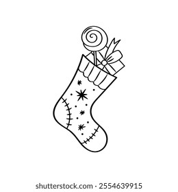 Hand drawn doodle Christmas sock with gifts illustration.