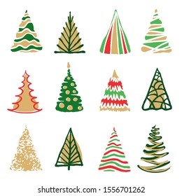 Hand drawn doodle christmas tree set. Red green color sketch style holiday trees. New year vector symbol. Simple artistic line stroke. Many group silhouette decor icons isolated on white background