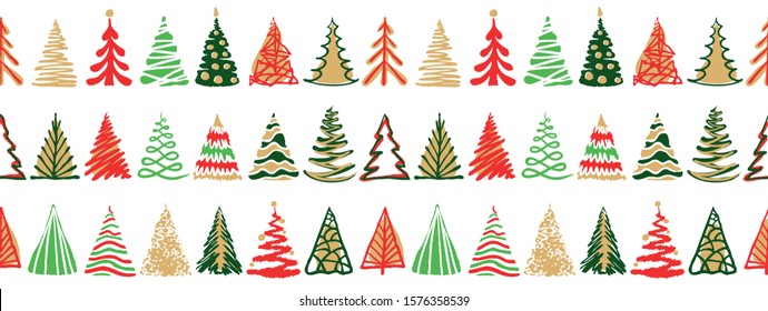 Hand Drawn Doodle Christmas Tree Seamless Border Pattern. Red Green Color Holiday Style. New Year Vector Symbol Set. Simple Artistic Line Stroke. Silhouette Decor Icons Isolated On White Background