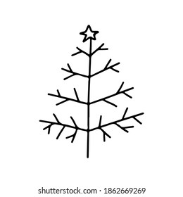 El árbol de Navidad dibujado a mano aislado en fondo blanco. Ilustración del contorno del vector. Diseño para tarjetas de vacaciones, fondos, ornamentos, decoración, banner, volante