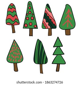 Hand drawn doodle Christmas tree. Fir-trees in Red and green. New year vector symbols set. A simple artistic touch. Silhouette decor icons isolated on white background
