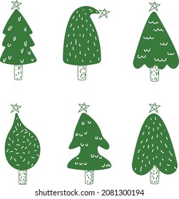 Hand drawn doodle christmas tree seamless border pattern. Red green color holiday style. New year vector symbol set