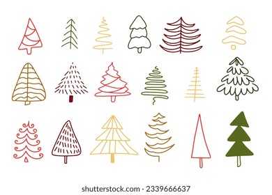 Hand drawn doodle christmas tree collection, kids style painting. New year vector symbol set. Simple silhouette decor isolated on white background