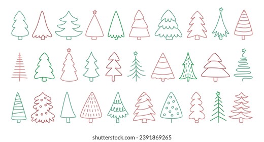 Hand drawn doodle Christmas tree, xmas holiday evergreen plant, new year woods drawing sketch isolated set on white background. Winter design element seasonal natural pattern vector illustration