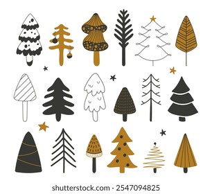 Dibujado a mano doodle árbol de Navidad abeto, abeto, pino planta diferentes Formas y formas conjunto. Ilustración vectorial de Elementos de diseño de vacaciones de garabatos gráficos de coníferas perennes decorativas