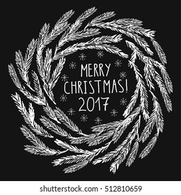 Hand drawn doodle christmas tree branch wreath with snowflakes and lettering. Merry christmas card in black and white.