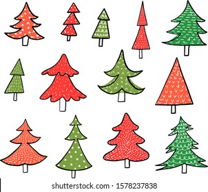 Hand drawn doodle Christmas vector trees in green and red colors for holiday greeting cards, icons and graphic design