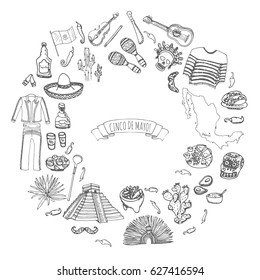 Hand drawn doodle Cinco de Mayo Mexico icons set Vector illustration Sketchy mexican food Cartoon elements: Flag Maracas Sombrero Viva Mexico Maya Pyramid Aztec Tequila Agave Mariachi Poncho Guacamole