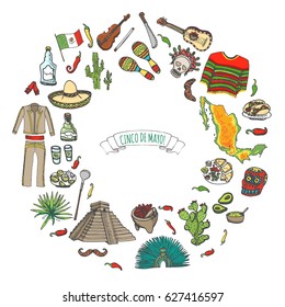 Hand drawn doodle Cinco de Mayo Mexico icons set Vector illustration Sketchy mexican food Cartoon elements: Flag Maracas Sombrero Viva Mexico Maya Pyramid Aztec Tequila Agave Mariachi Poncho Guacamole