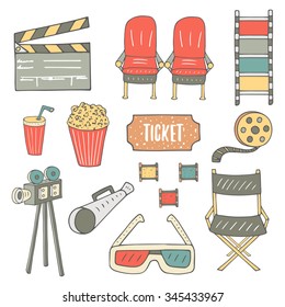 Hand drawn doodle cinema industry objects collection including chair, popcorn, soda, film, camera, glasses, director chair, ticket, loudspeaker, clap board. Cinema icons set