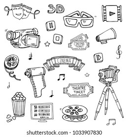 Hand drawn doodle Cinema set. Vector illustration. Movie making icons. Film symbols collection. Cinematography freehand elements: camera, film tape, photo camera, pizza, popcorn, projector, microphone