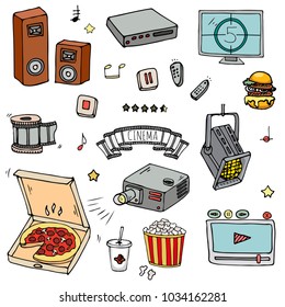 Hand drawn doodle Cinema set. Vector illustration. Movie making icons. Film symbols collection. Cinematography freehand elements: camera, film tape, photo camera, pizza, popcorn, projector, microphone
