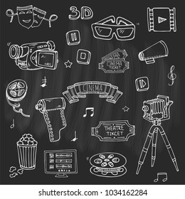 Hand drawn doodle Cinema set. Vector illustration. Movie making icons. Film symbols collection. Cinematography freehand elements: camera, film tape, photo camera, pizza, popcorn, projector, microphone