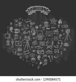 Hand drawn doodle Cinema set. Vector illustration. Movie making icons. Film symbols collection. Cinematography freehand elements: camera, film tape, photo camera, pizza, popcorn, projector, microphone
