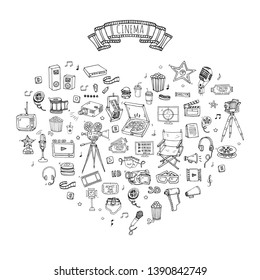 Hand drawn doodle Cinema set. Vector illustration. Movie making icons. Film symbols collection. Cinematography freehand elements: camera, film tape, photo camera, pizza, popcorn, projector, microphone