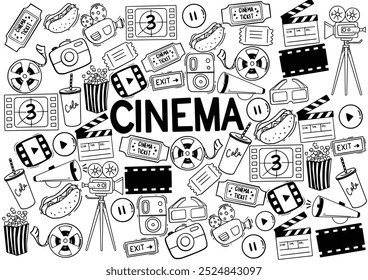 Conjunto de cinema desenhado à mão. Ilustração vetorial. Ícones de criação de filmes. Coleção de símbolos de filme. Conjunto de Cinema esboço doodle mão desenhado vetor ilustração