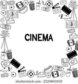 Hand drawn doodle Cinema set. Vector illustration. Movie making icons. Film symbols collection. Set of Cinema outline doodle hand drawn vector illustration