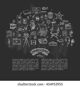 Hand Drawn Doodle Cinema Set. Vector Illustration. Movie Making Icons. Film Symbols Collection. Cinematography Freehand Elements: Camera, Film Tape, Photo Camera, Pizza, Popcorn, Projector, Microphone