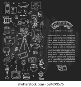 Hand drawn doodle Cinema set. Vector illustration. Movie making icons. Film symbols collection. Cinematography freehand elements: camera, film tape, photo camera, pizza, popcorn, projector, microphone