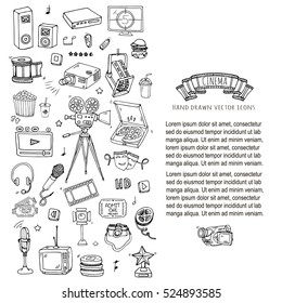 Hand drawn doodle Cinema set. Vector illustration. Movie making icons. Film symbols collection. Cinematography freehand elements: camera, film tape, photo camera, pizza, popcorn, projector, microphone