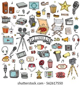 Hand Drawn Doodle Cinema Set. Vector Illustration. Movie Making Icons. Film Symbols Collection. Cinematography Freehand Elements: Camera, Film Tape, Photo Camera, Pizza, Popcorn, Projector, Microphone