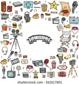 Hand drawn doodle Cinema set. Vector illustration. Movie making icons. Film symbols collection. Cinematography freehand elements: camera, film tape, photo camera, pizza, popcorn, projector, microphone