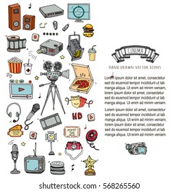 Hand drawn doodle Cinema set. Vector illustration. Movie making icons Film symbols collection. Cinematography freehand elements: camera, film tape, photo camera, pizza, popcorn, projector, microphone