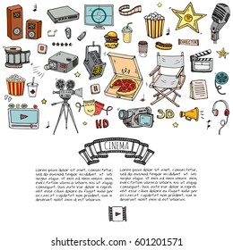 Hand drawn doodle Cinema set. Vector illustration. Movie making icons. Film symbols collection. Cinematography freehand elements: camera, film tape, photo camera, pizza, popcorn, projector, microphone