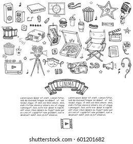 Hand drawn doodle Cinema set. Vector illustration. Movie making icons. Film symbols collection. Cinematography freehand elements: camera, film tape, photo camera, pizza, popcorn, projector, microphone