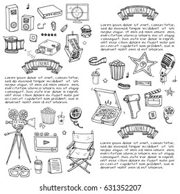 Hand drawn doodle Cinema set. Vector illustration. Movie making icons. Film symbols collection. Cinematography freehand elements: camera, film tape, photo camera, pizza, popcorn, projector, microphone