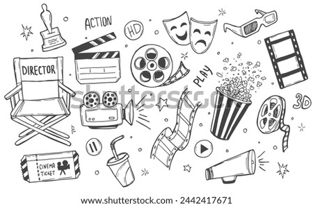 Hand drawn doodle Cinema set. Vector illustration. Movie making icons. Film symbols collection.