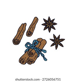 Ícone de canela e anis estrelado desenhado à mão. Esboço de arte de linha da ilustração de vetor de especiarias aromáticas.