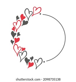 Hand drawn doodle circle frame with red and black hearts. Simple elements isolated on white background. Vector illustration