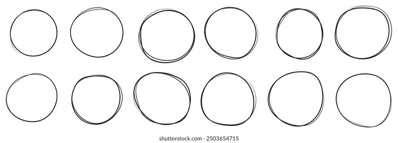 Hand drawn doodle circle highlights. Brush marker pen round and ovals. Scribble horizontal ellipse. Round scrawl frames. Vector illustration.