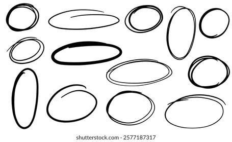 Hand drawn doodle circle highlights. Brush marker pen round ovals. Marker brush marker scribble line circle frame shape set. Scribble sketch round hand drawn vector illustration