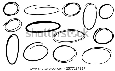 Hand drawn doodle circle highlights. Brush marker pen round ovals. Marker brush marker scribble line circle frame shape set. Scribble sketch round hand drawn vector illustration