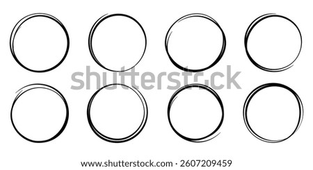 Hand drawn doodle circle highlights. Pen round ovals. Marker scratch scribble in rounder style. Round scrawl frames. Vector illustration of freehand painted circular note. EPS 10 format.