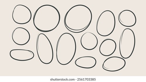 Hand drawn doodle circle,ovals highlights. Scribble horizontal ellipse in rounder. Round scrawl frames. Vector illustration 