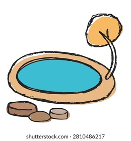 Hand drawn doodle of a circular blue pond surrounded by a sandy bank with a lone tree and three small stones nearby