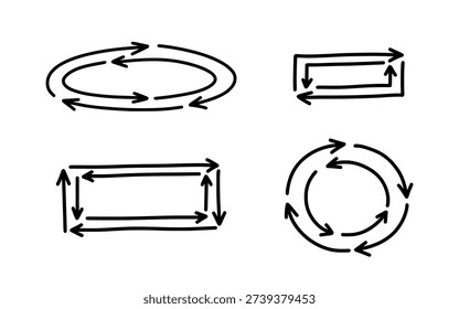 Hand drawn doodle circular and rectangular arrows set. Sketchy cycle process symbols, refresh and repeat icons. Hand drawn arrows for edication, presentation.