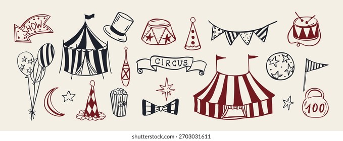 Dibujado a mano doodle Elementos de circo. Clipart de Antiguas